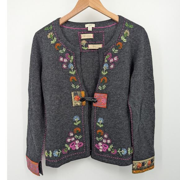 J Jill Cardigan Sweater Limited Edition Re Crafted Embroidered Lambs Wool S - Picture 1 of 7